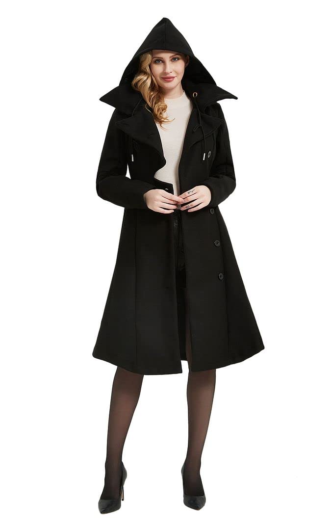 QZUnique Long Trench Pea Coat for Women - Wool Winter Trench Coat Goth Lapel Peacoat Outwear Thick Hood Pea Jacket Trenchcoat - Image 1
